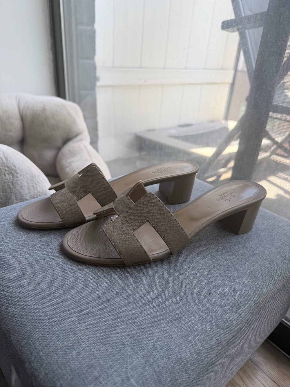 Hermes Etoupe OASIS Leather Slide Sandals